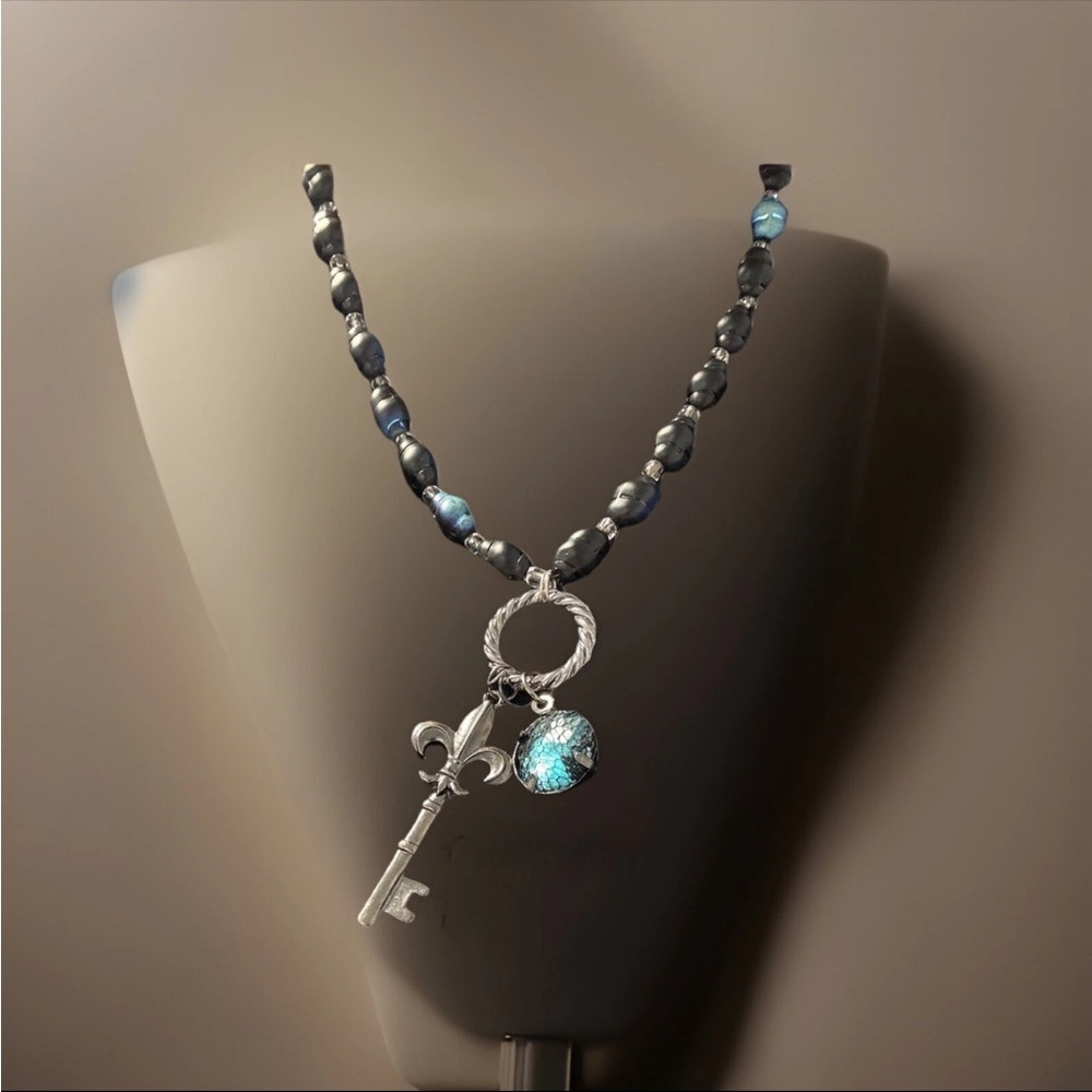 Vintage Silver and Blue Key Pendant Necklace with Magnetic Close